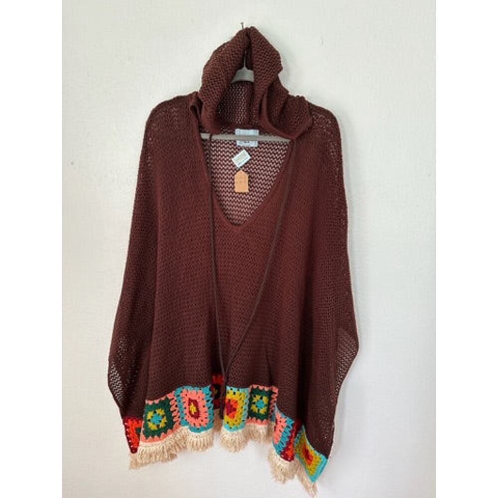 Judith March Brown Granny Square Hem  Hooded Crochet Poncho Free Size Festival - Picture 5 of 6